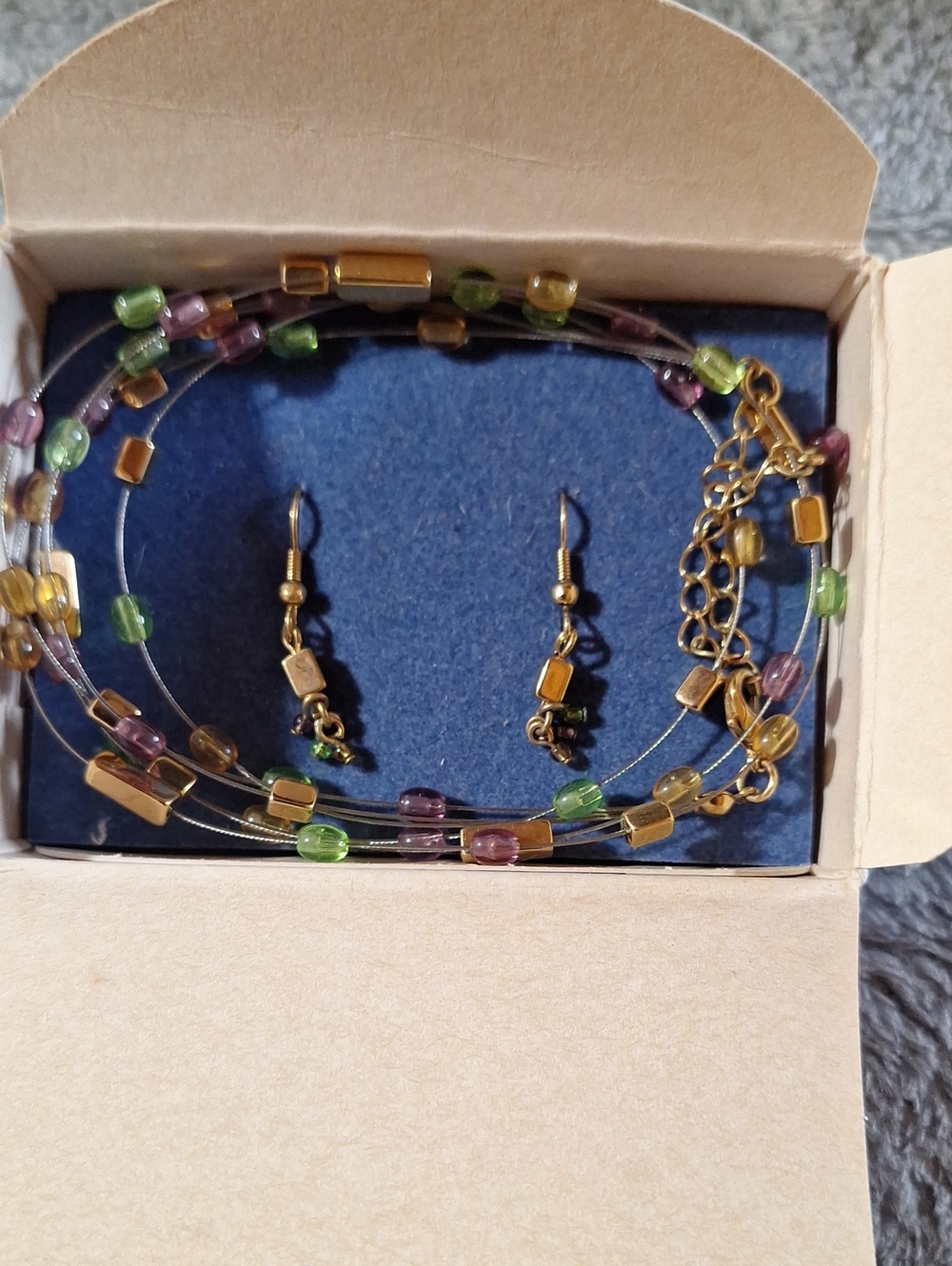 Vintage Multicolor Beaded Wire Necklace and Earring Set